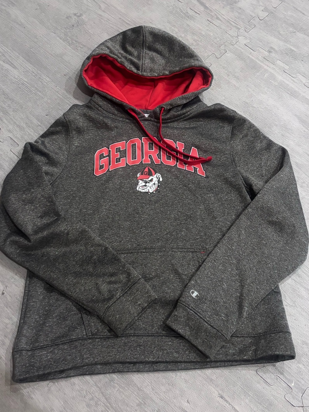 Champion Charcoal Gray Hoodie with Red Lining — Georgia Bulldogs Logo